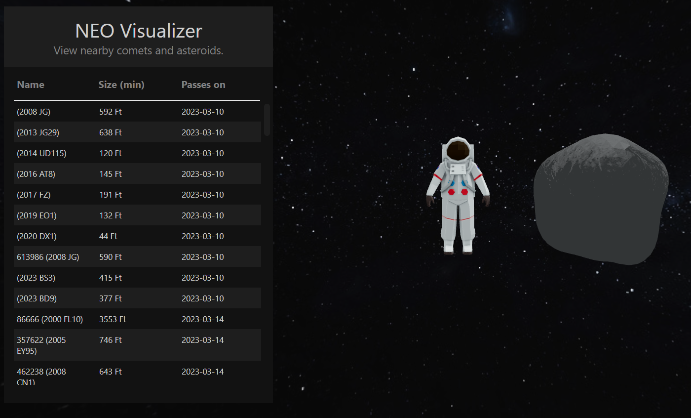 A webpage where an astronaut floats beside an asteroid